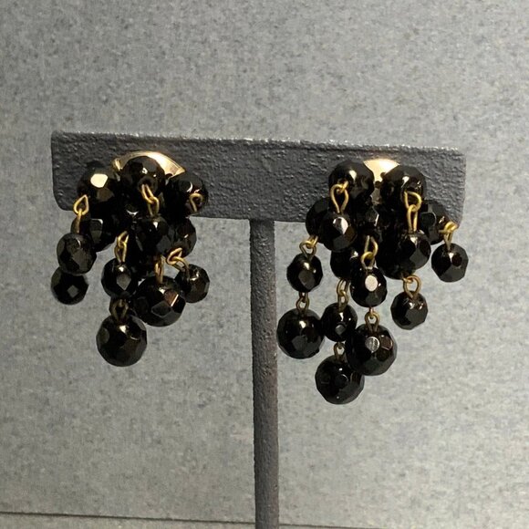 Vintage Dangle Clip Earrings 1.5 In As Is Black Cluster Faceted Glass Beads Glam - Picture 1 of 4